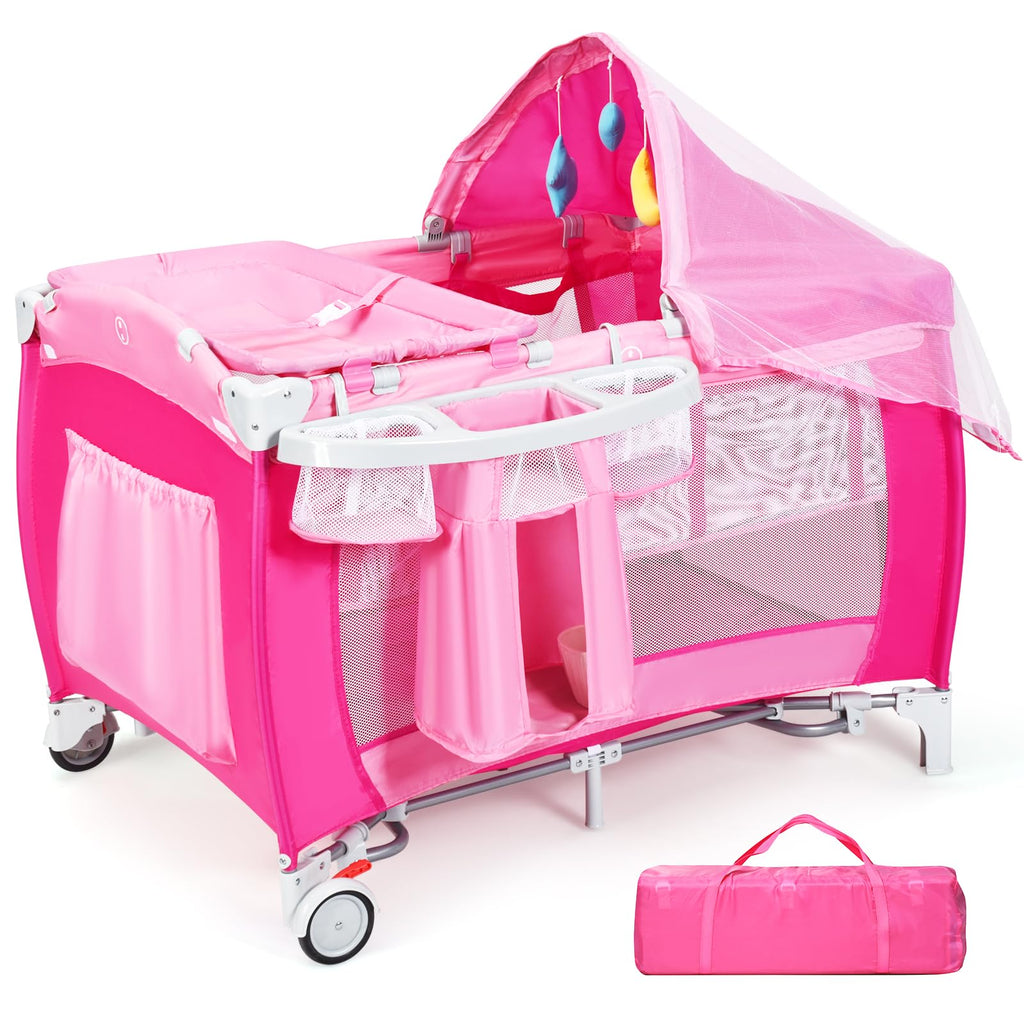 4 in 1 Pack and Play Portable Baby Bassinet Playpen with Diaper Changer Mattress Canopy Storage Rack Toy Bar Music Box Foldable Travel Playard Pink P136665