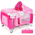 4 in 1 Pack and Play Portable Baby Bassinet Playpen with Diaper Changer Mattress Canopy Storage Rack Toy Bar Music Box Foldable Travel Playard Pink P136665