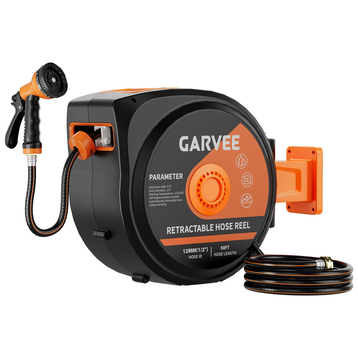 1/2 Inch x 50 ft Wall Mounted Garden Hose Reel with 10 Patterns Nozzle Z7418
