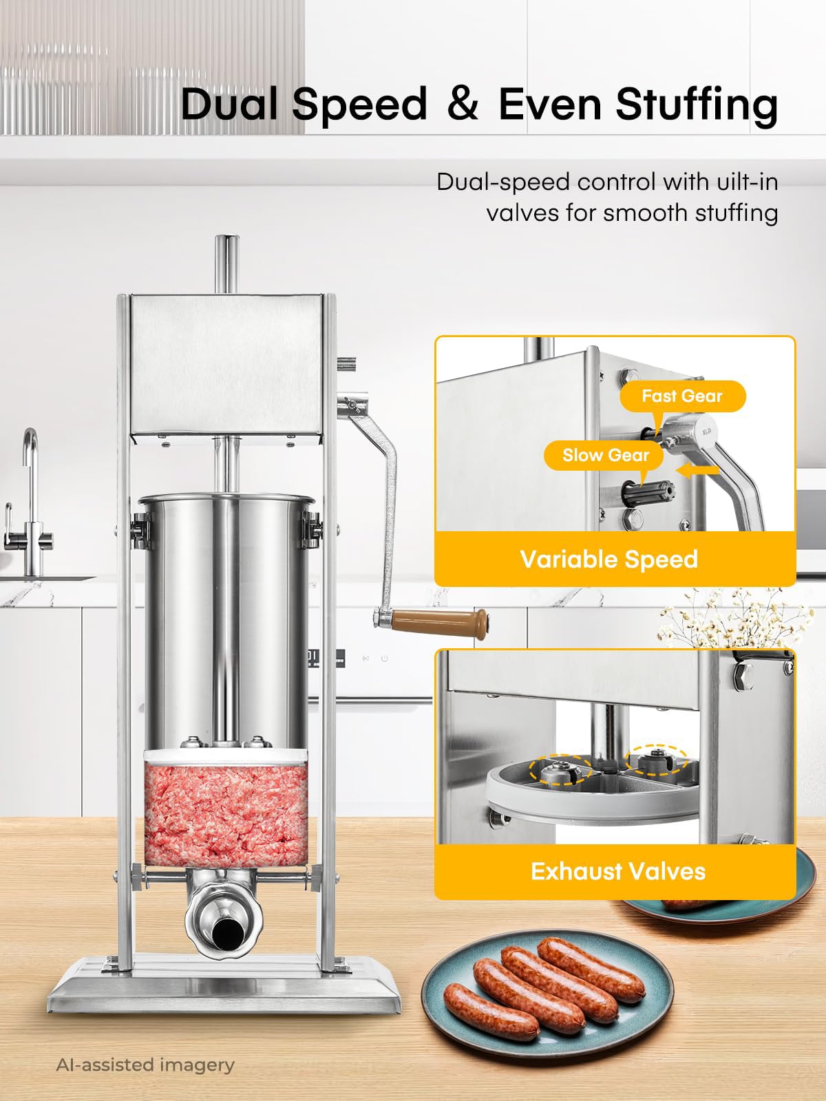5L Stainless Steel Manual Sausage Stuffer with 4 Stuffing Tubes H32635