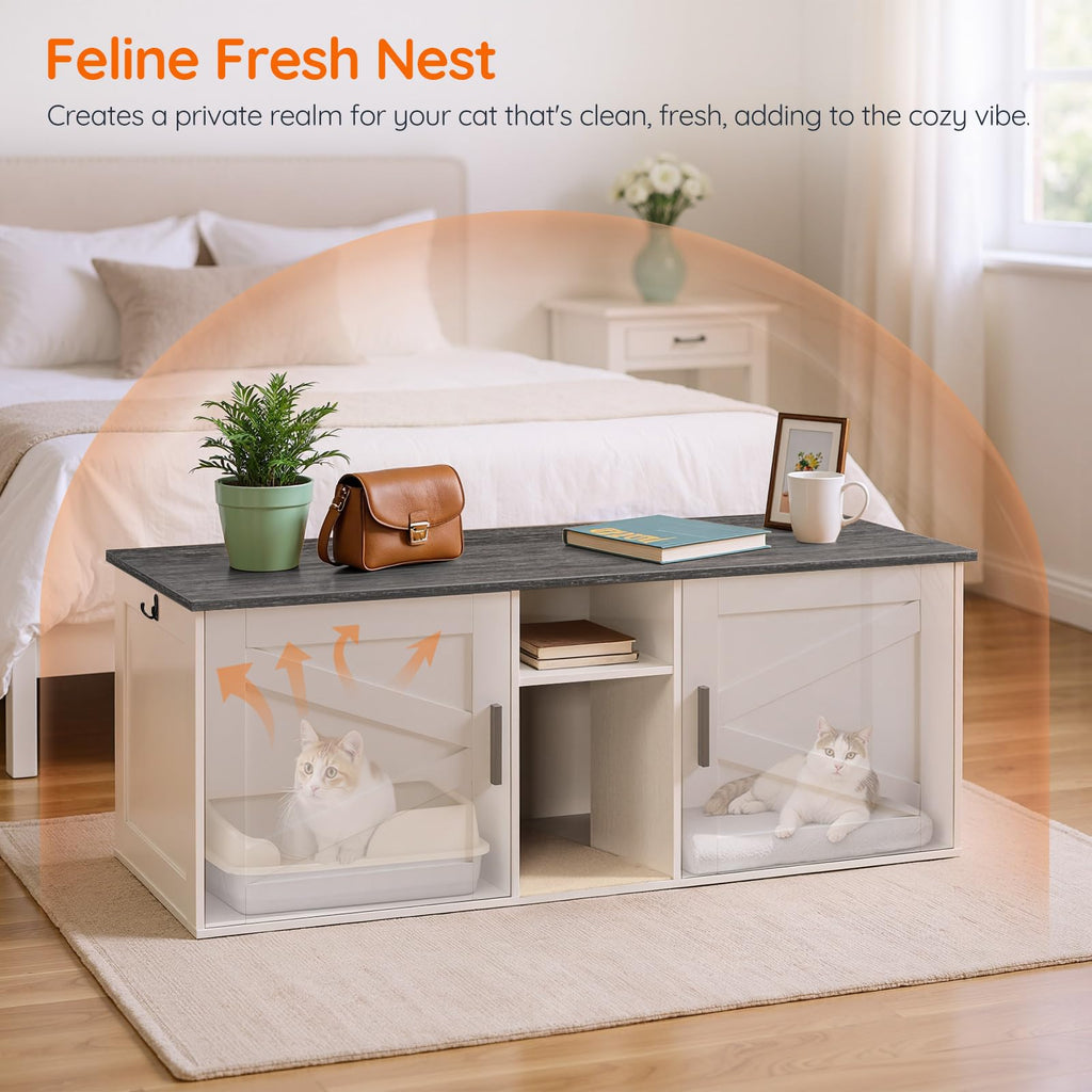 White and Charcoal Gray Cat Litter Box Enclosure U68814