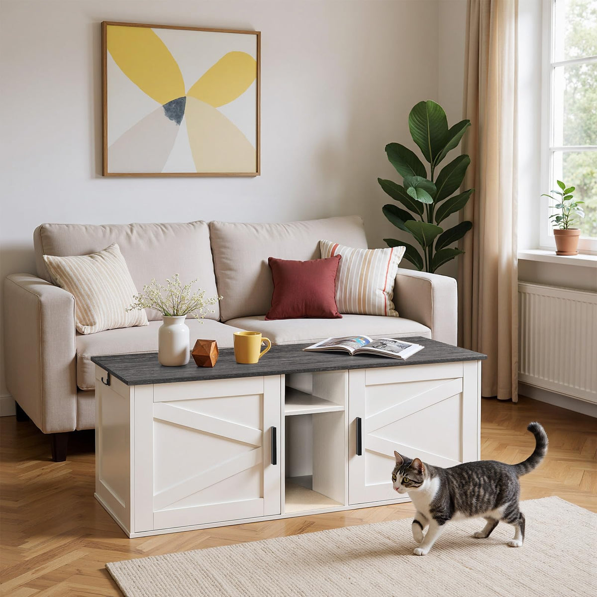 White and Charcoal Gray Cat Litter Box Enclosure U68814