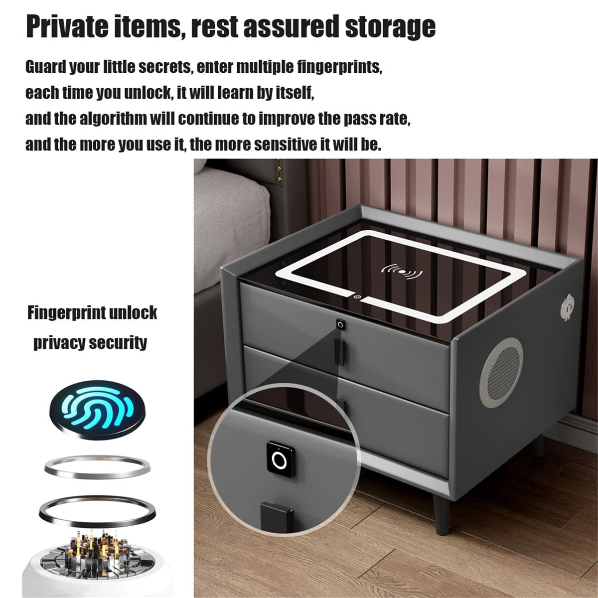Gray Nightstand with Lock Drawer, Wireless Charging, USB Port and LED Lights R55087