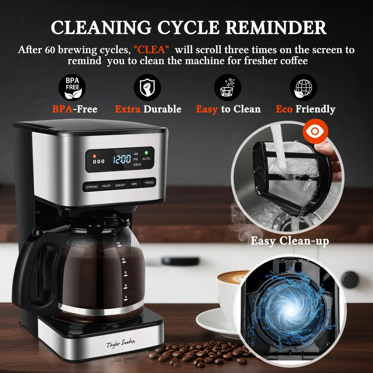 Programmable Coffee Maker 12 Cup, Black & Stainless Steel K9916