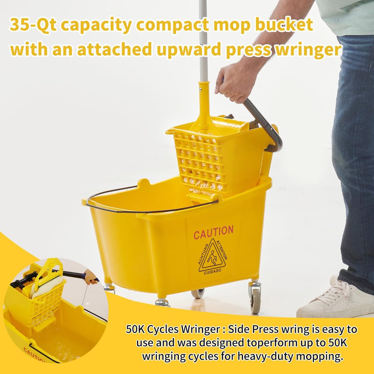 Commercial Mop Bucket with Wringer on Wheels, 35 Quart, Yellow X263114