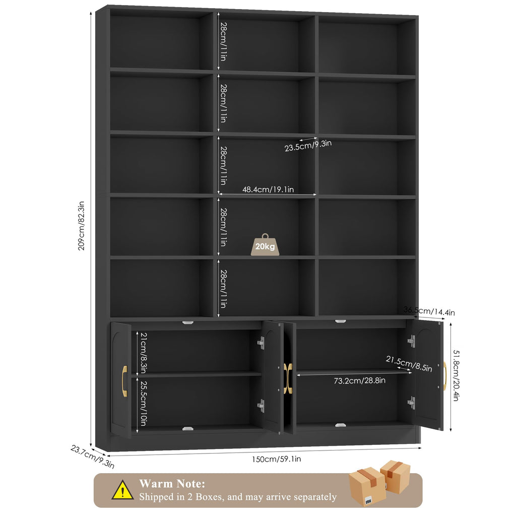 82.3" Triple Wide Bookshelf with 4 Doors, Black K160087