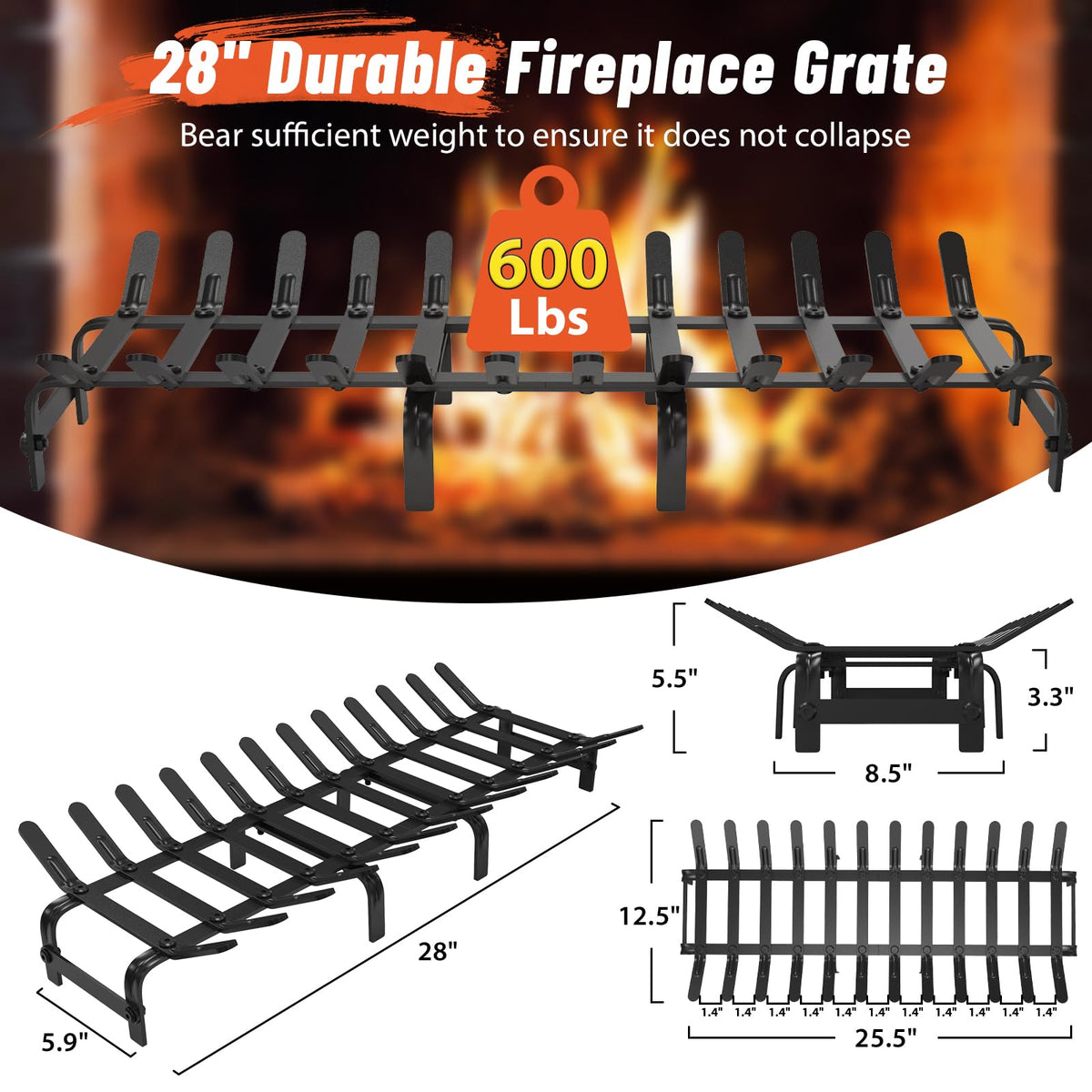 Black Steel Fireplace Grate 28 x 12.5 Inches H931