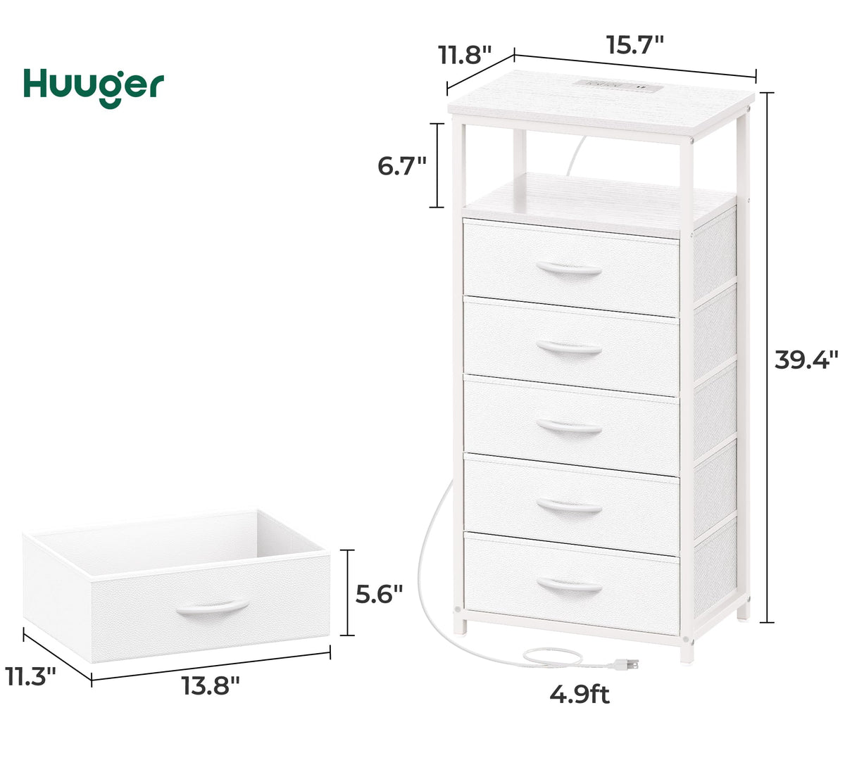 White 5 Drawer Dresser with Charging Station I69660