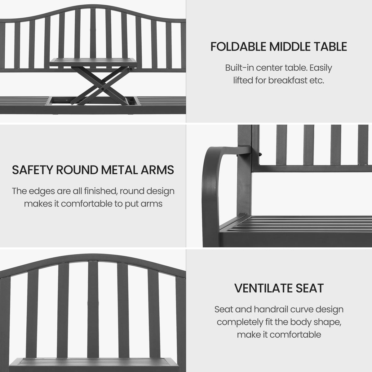 59" Gray Metal Outdoor Bench with Built in Table N350225
