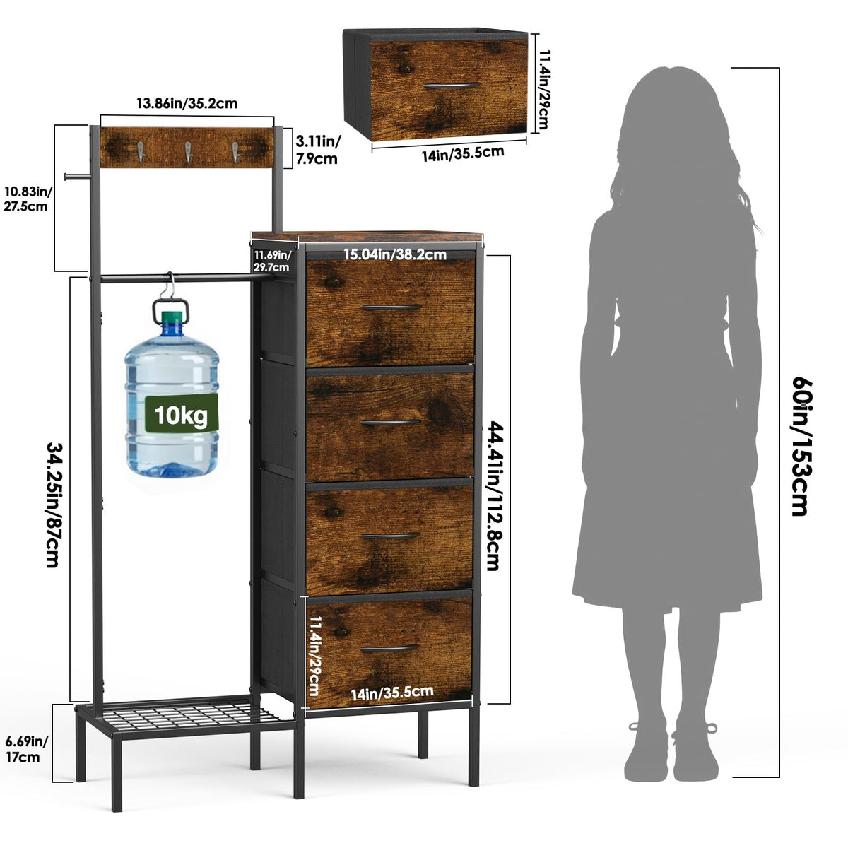 Brown Wood Dresser with Hanging Rack and Storage Drawers D88239