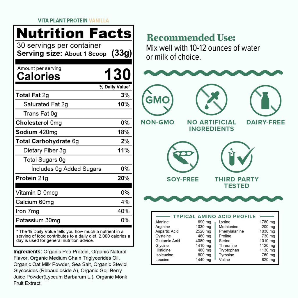 Plant Based Vegan Protein Powder with BCAAs & MCTs, Vanilla, 30 Servings S156208