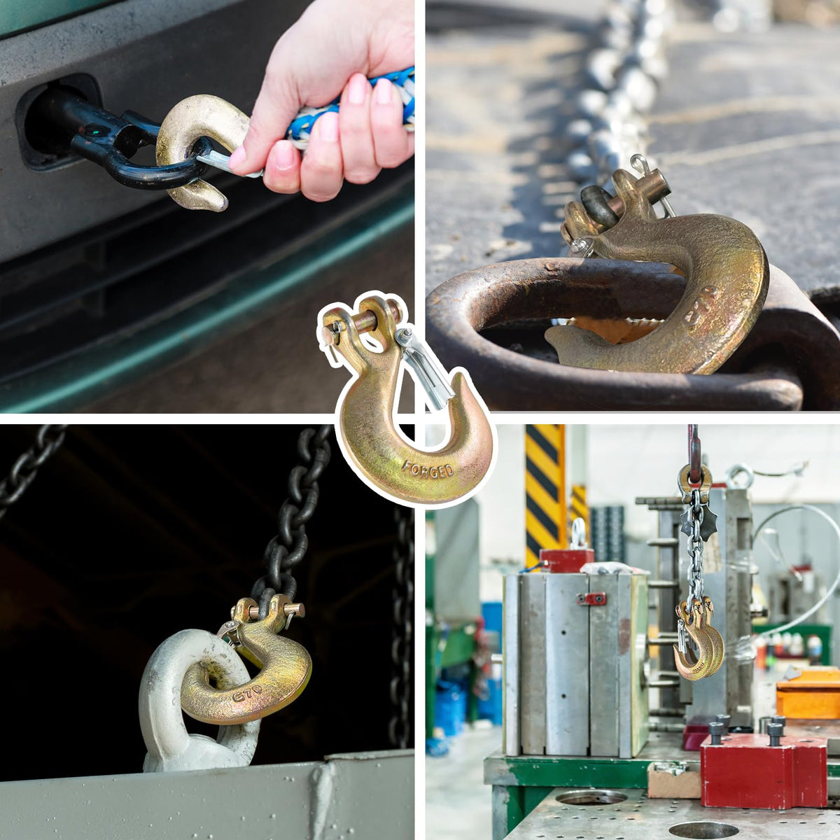 2 Pack 3/8" G70 Clevis Slip Hooks with Safety Latch T4402