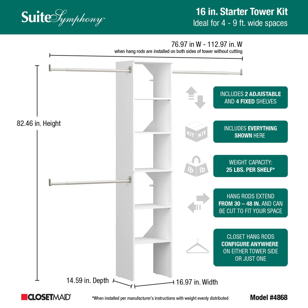 Small Closet Organizer Starter Kit with Tower and 3 Hang Rods, Pure White G709