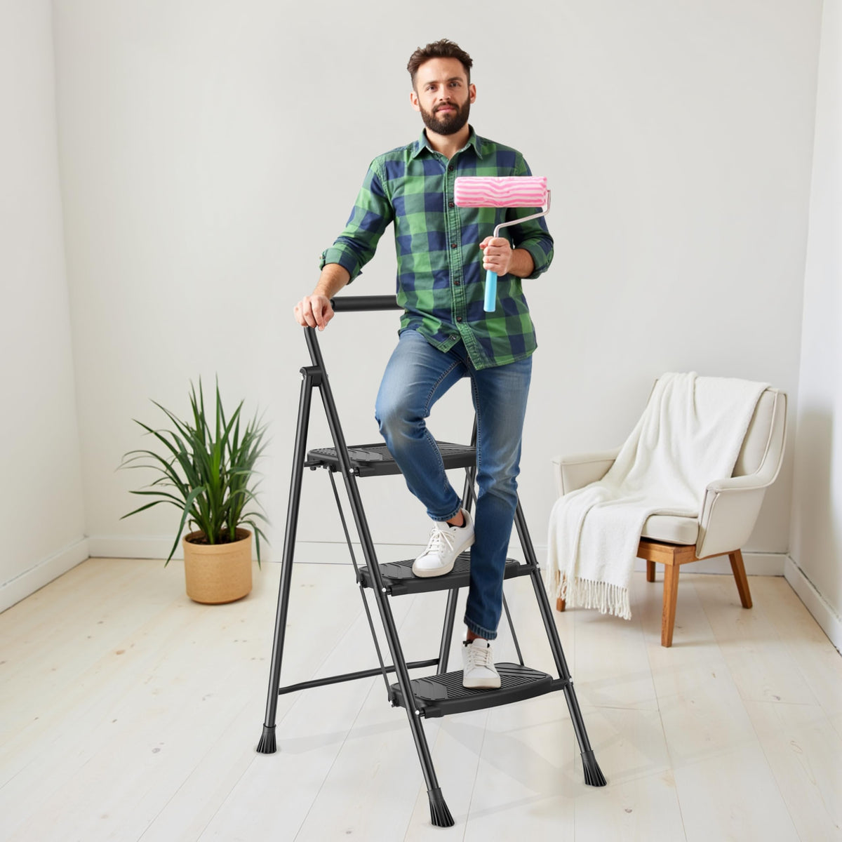 Folding Steel 3-Step Ladder with Handrail X80669