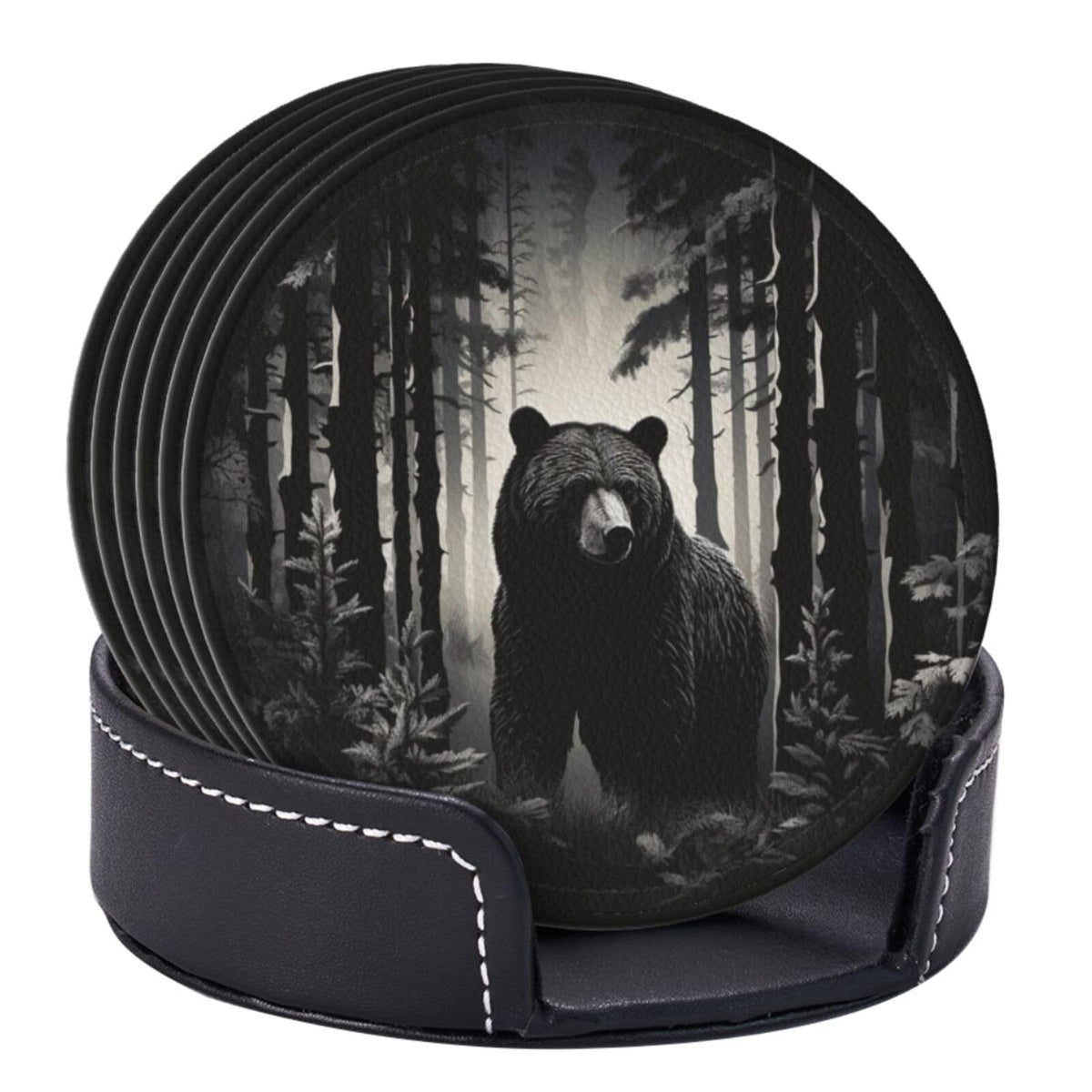 Black 6 Pcs Leather Coasters with Holder Q59930