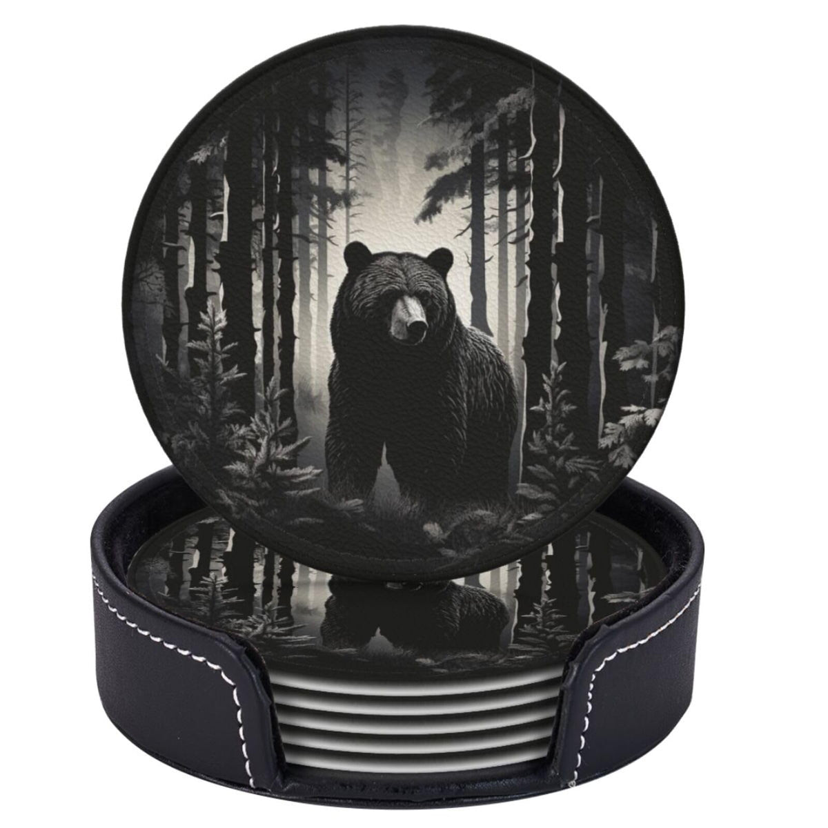 Black 6 Pcs Leather Coasters with Holder Q59930