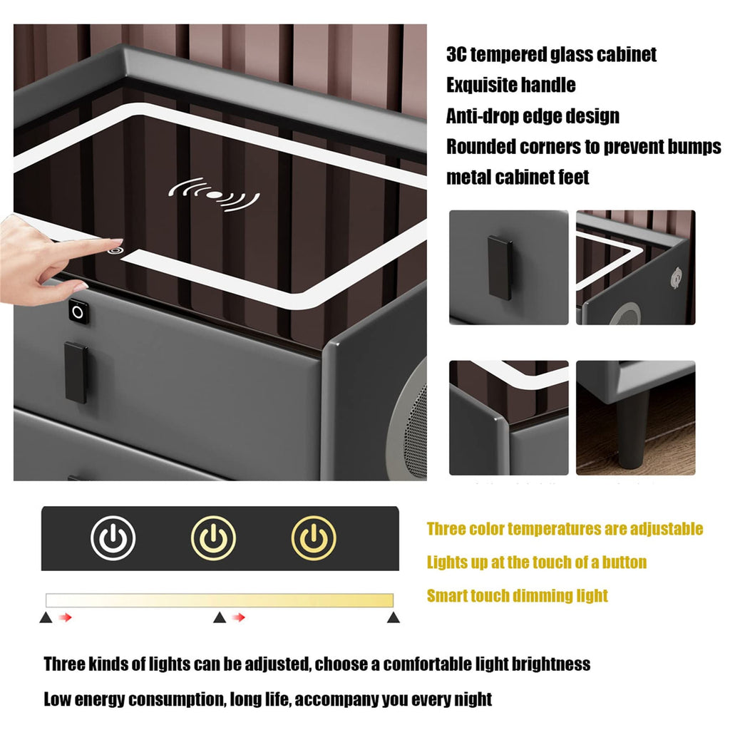Gray Nightstand with Lock Drawer, Wireless Charging, USB Port and LED Lights R55087