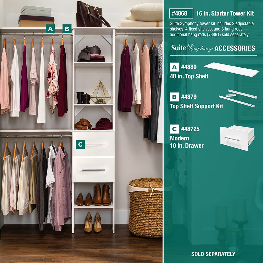 Small Closet Organizer Starter Kit with Tower and 3 Hang Rods, Pure White G709