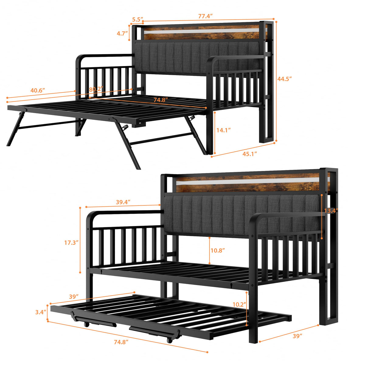 Brown Metal Daybed with Trundle and Storage Headboard J9822