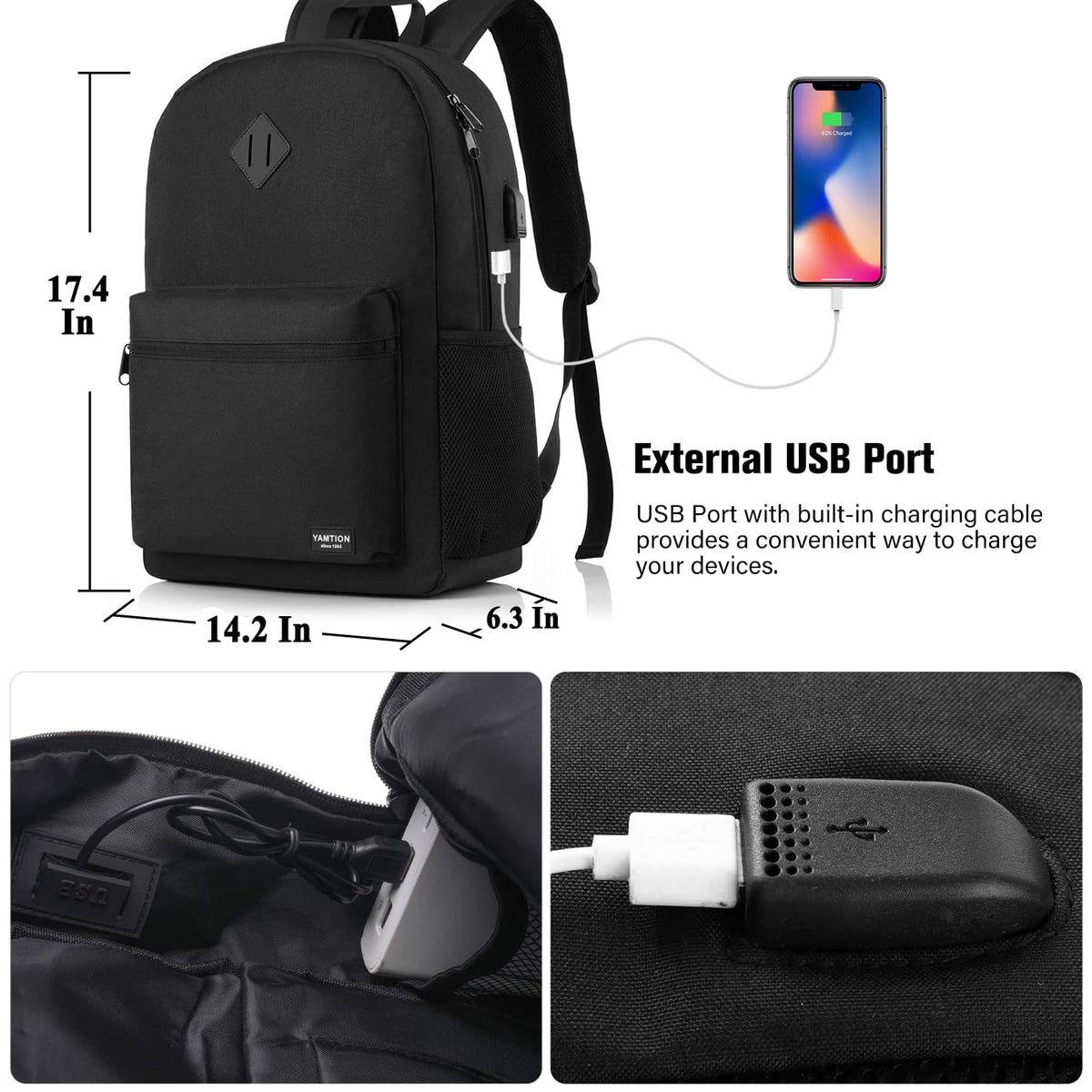 Black 15.6 Inch Laptop Backpack with USB Charger U812