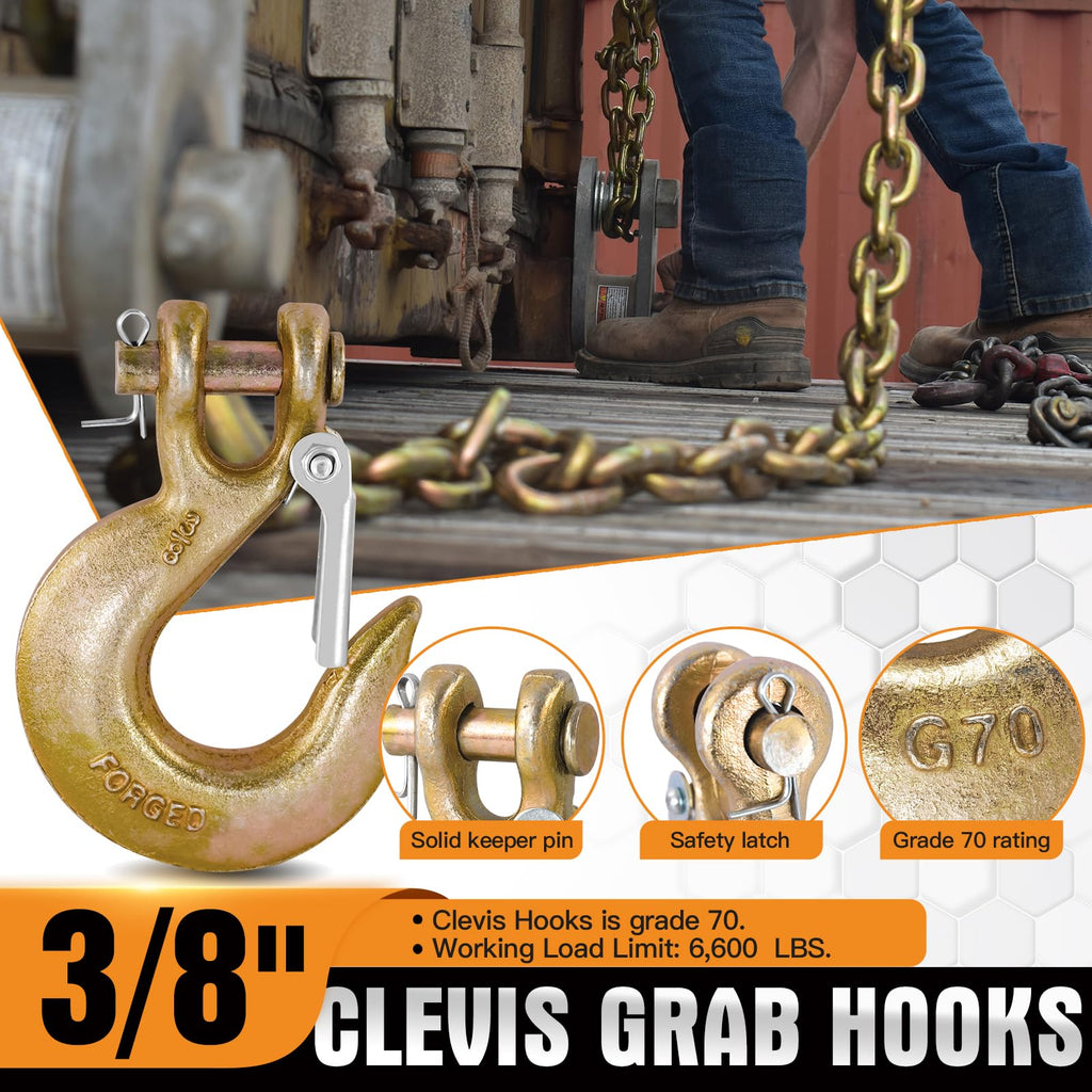 2 Pack 3/8" G70 Clevis Slip Hooks with Safety Latch T4402