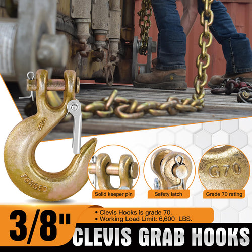2 Pack 3/8" G70 Clevis Slip Hooks with Safety Latch T4402