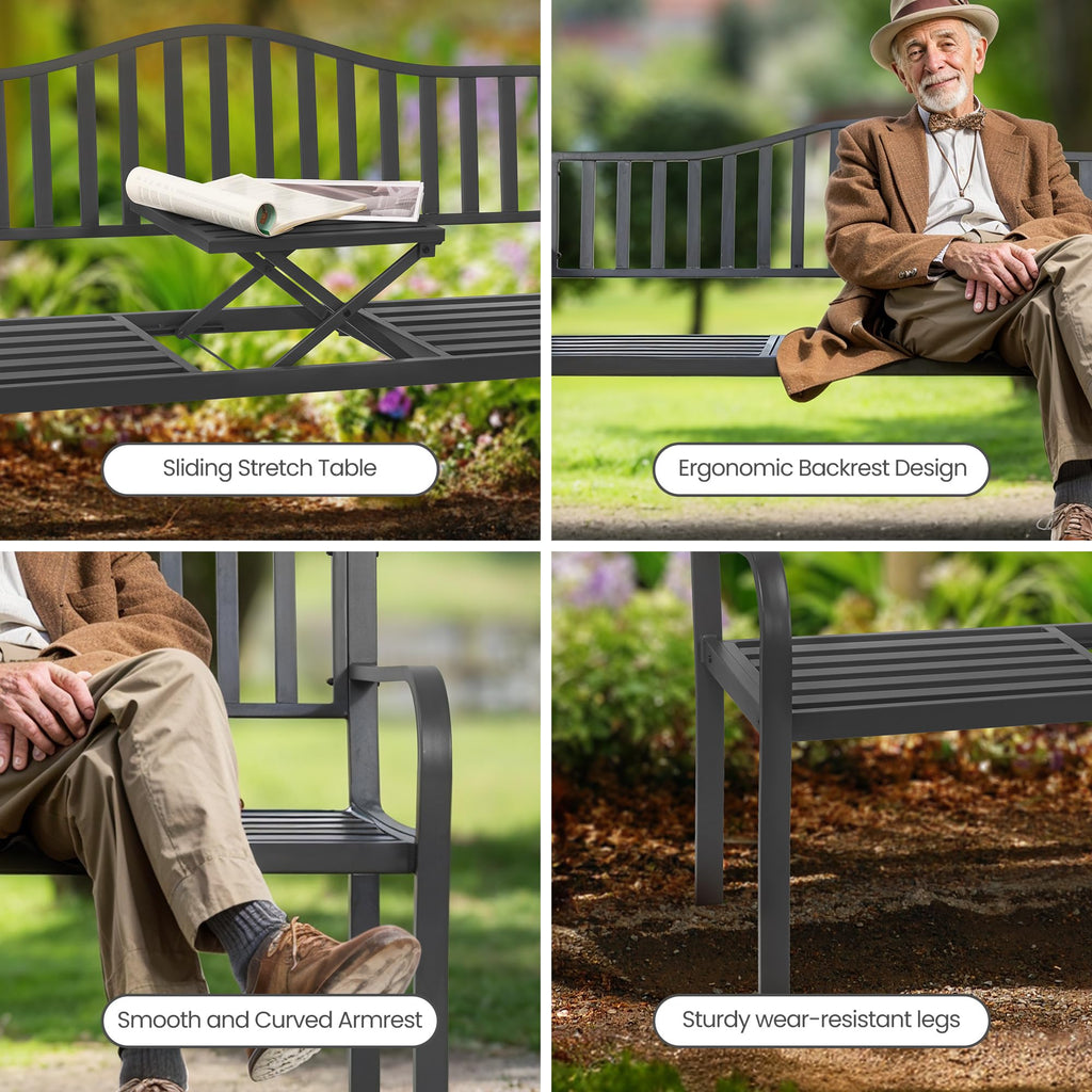 59" Gray Metal Outdoor Bench with Built in Table N350225