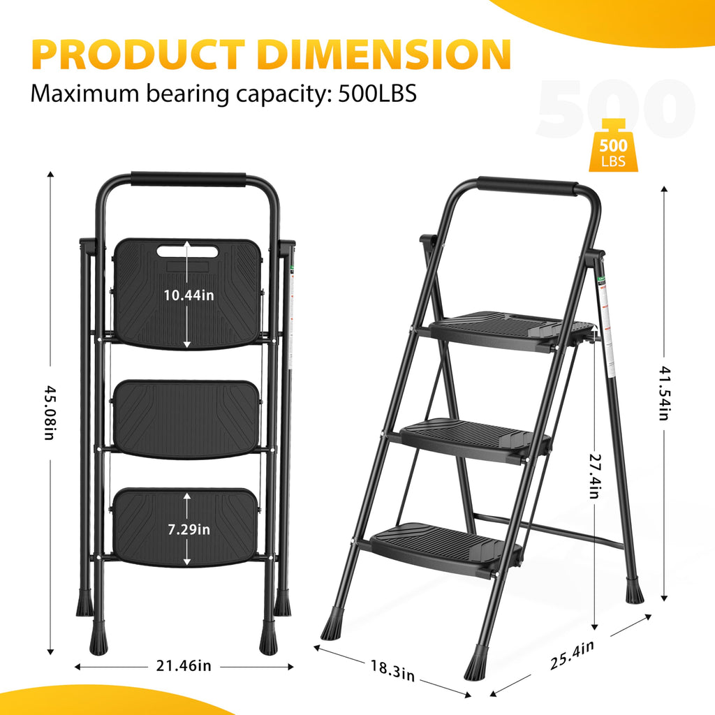 Folding Steel 3-Step Ladder with Handrail X80669