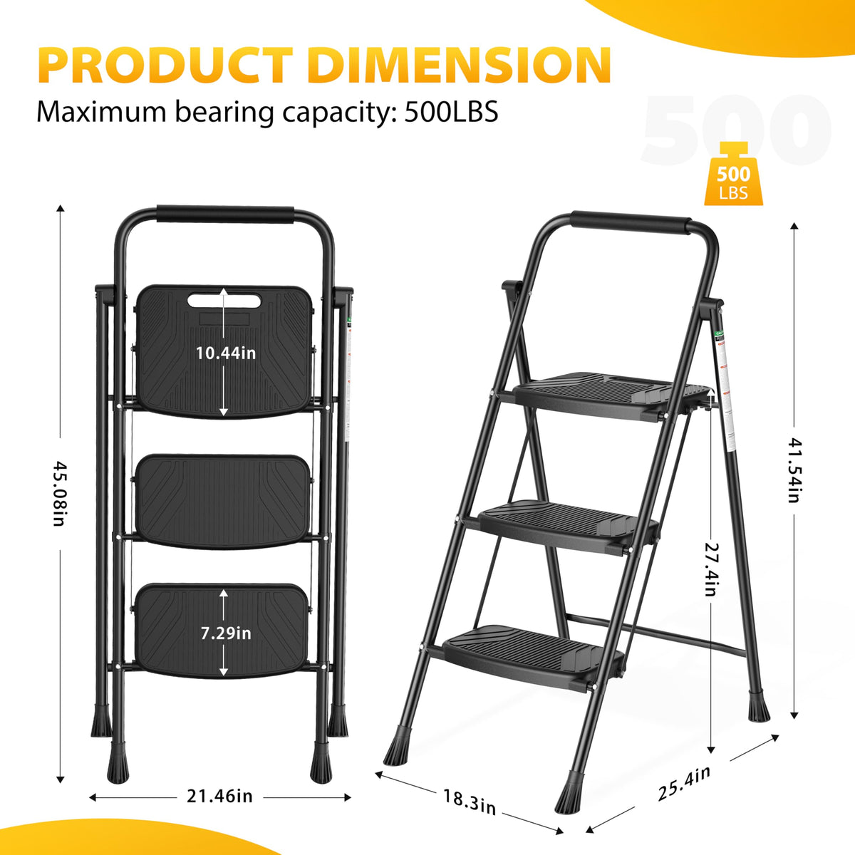 Folding Steel 3-Step Ladder with Handrail X80669