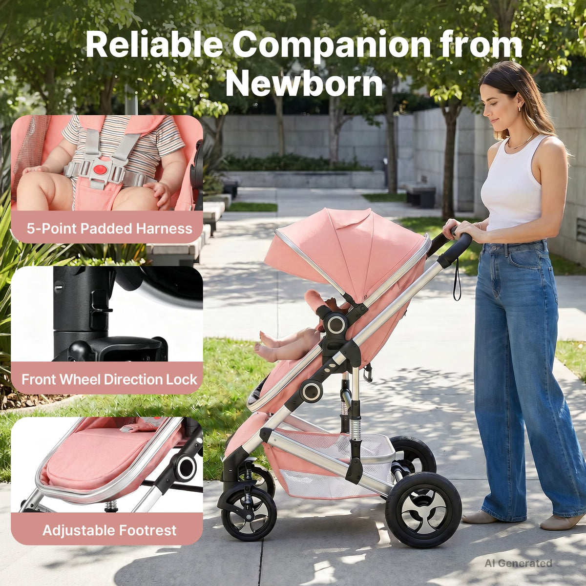 2-in-1 Foldable Stroller with Reversible Seat, Pink C7094