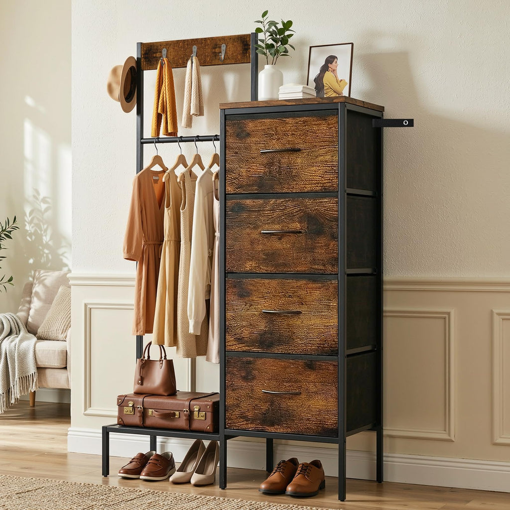 Brown Wood Dresser with Hanging Rack and Storage Drawers D88239