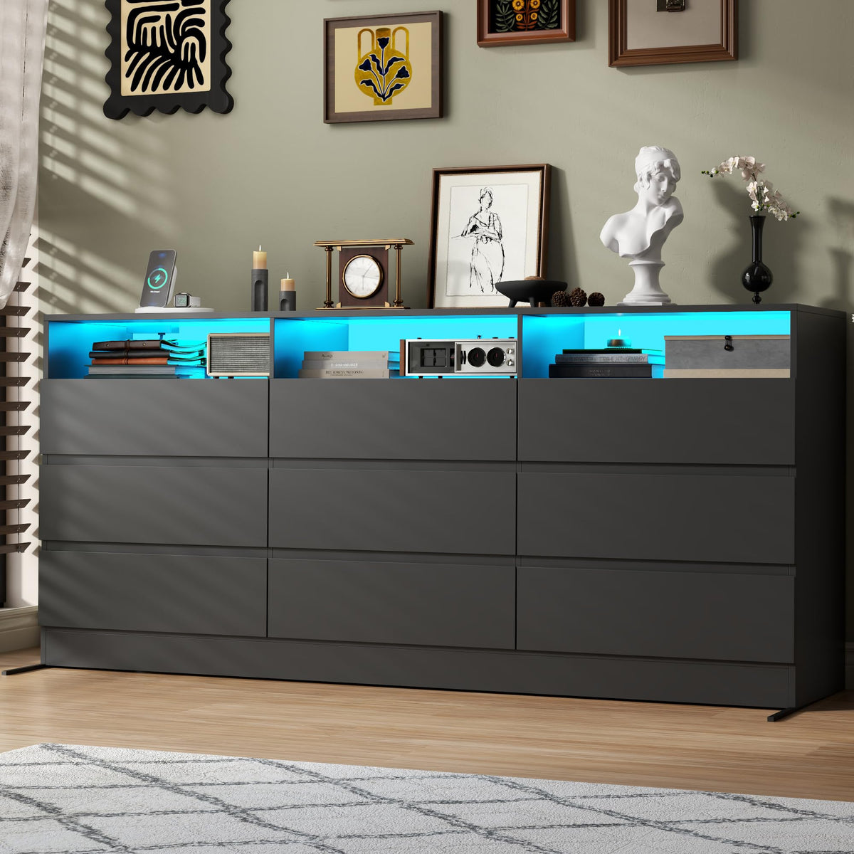 Black 9 Drawer Wood Dresser B64500