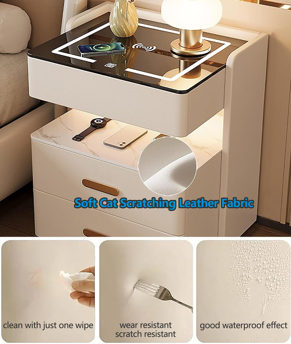Smart Nightstand with 2 Storage Drawer, Wireless Charging Station, 3-Color Adjustable LED Light, Solid Wood Side Table R2279