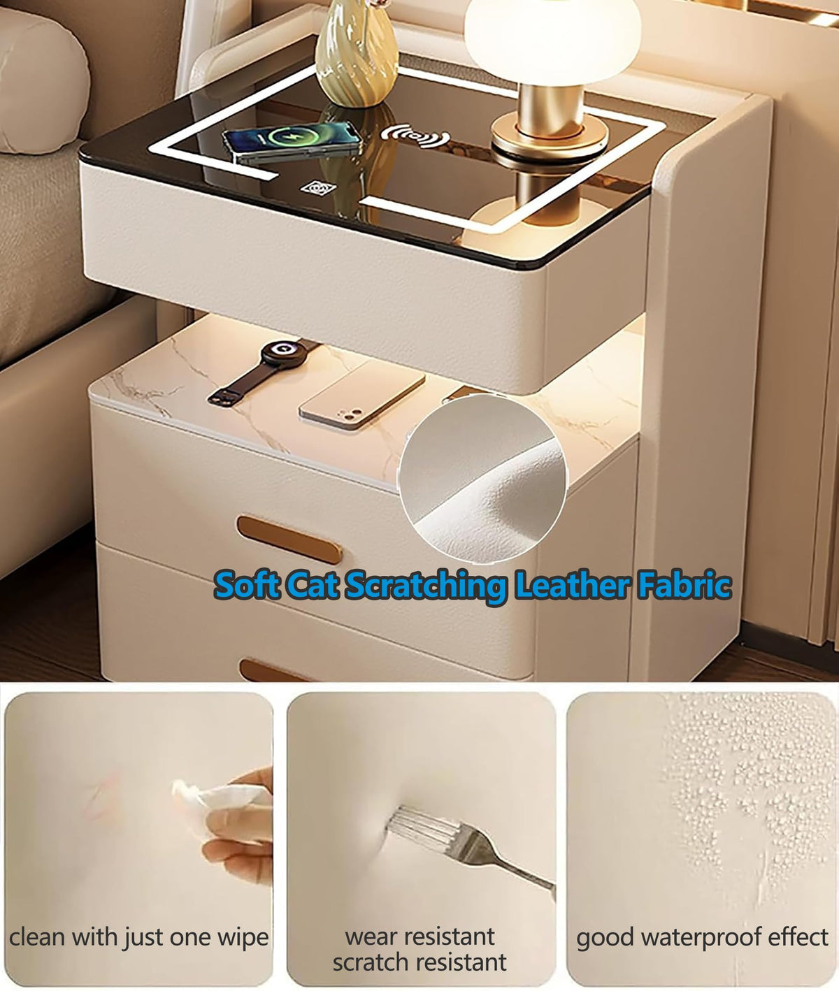 Smart Nightstand with 2 Storage Drawer, Wireless Charging Station, 3-Color Adjustable LED Light, Solid Wood Side Table R2279