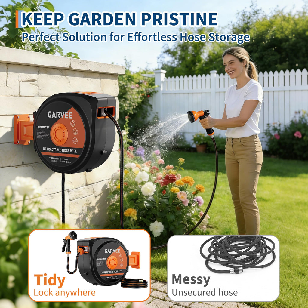 1/2 Inch x 50 ft Wall Mounted Garden Hose Reel with 10 Patterns Nozzle Z7418
