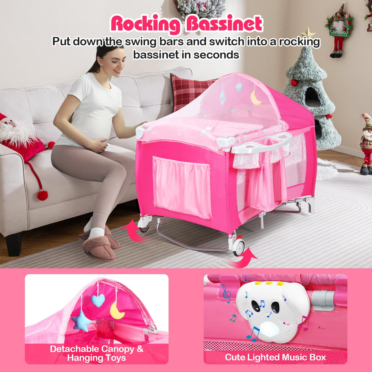 4 in 1 Pack and Play Portable Baby Bassinet Playpen with Diaper Changer Mattress Canopy Storage Rack Toy Bar Music Box Foldable Travel Playard Pink P136665