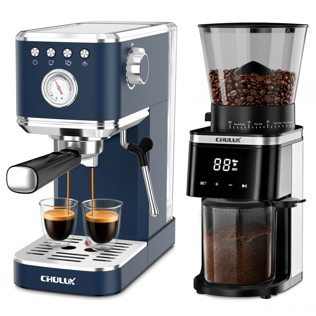Dark Blue Espresso Machine with Conical Burr Coffee Grinder K578