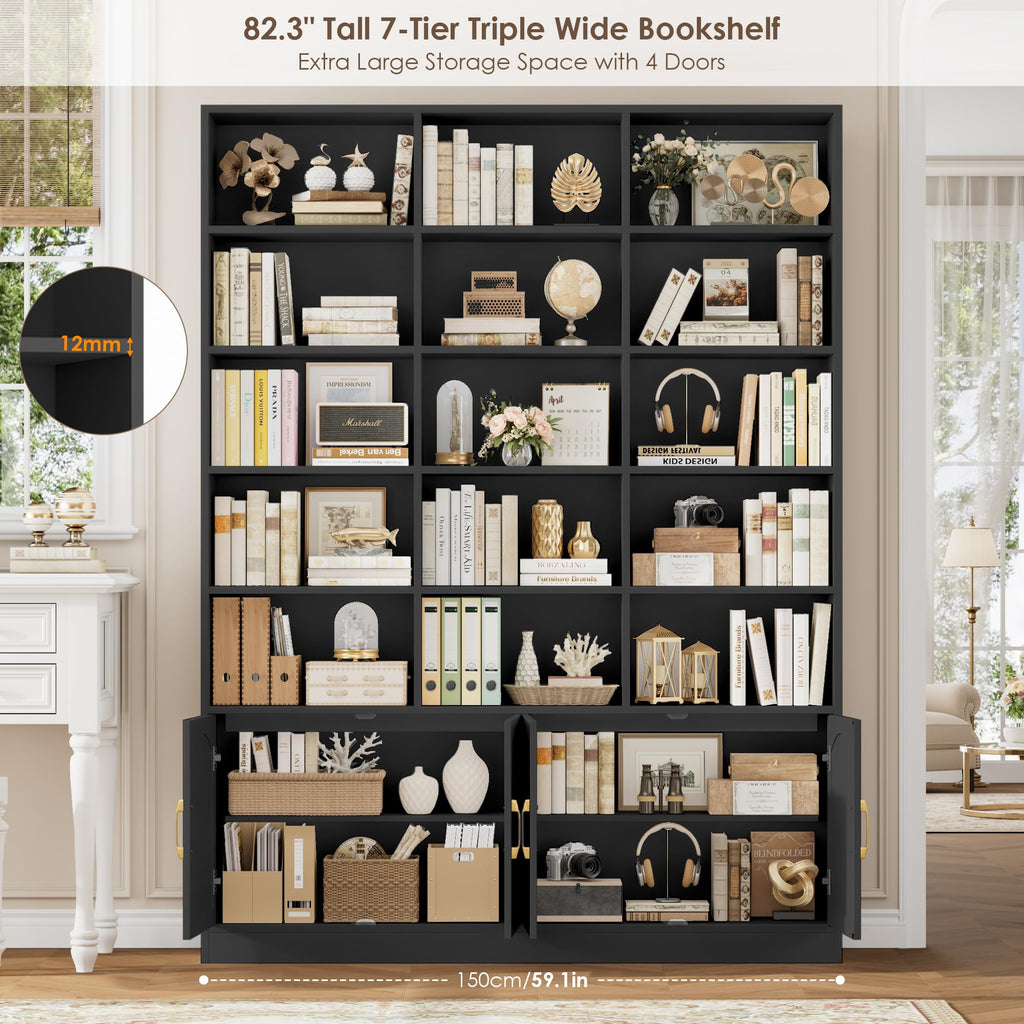 82.3" Triple Wide Bookshelf with 4 Doors, Black K160087