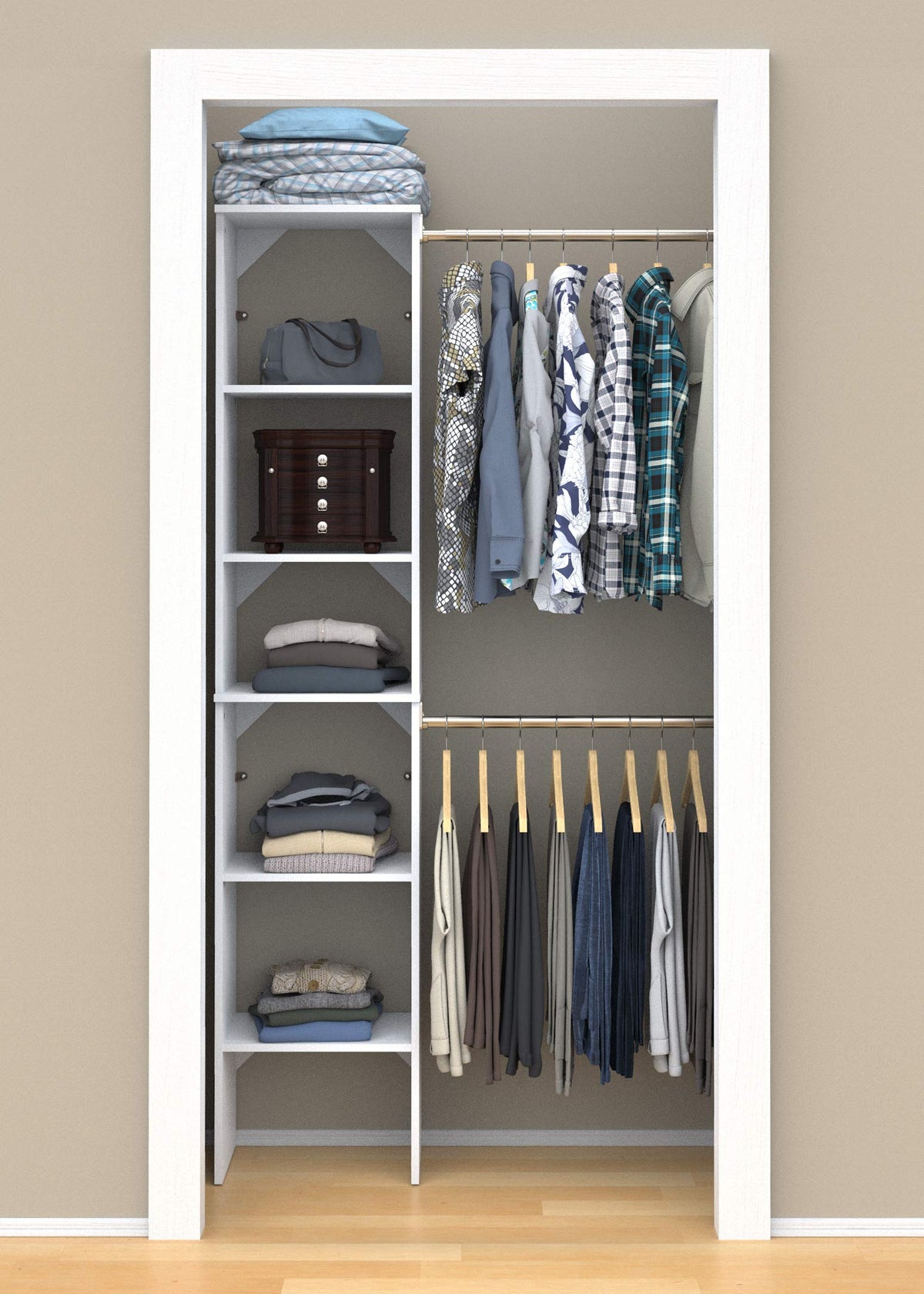 Small Closet Organizer Starter Kit with Tower and 3 Hang Rods, Pure White G709