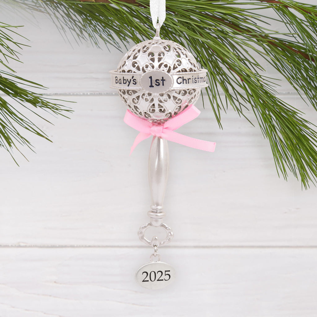 Silver Rattle with Pink Ribbon Christmas Ornament Z1159