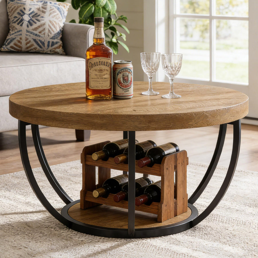 Round 2-Tier Wood Coffee Table with Storage S22084