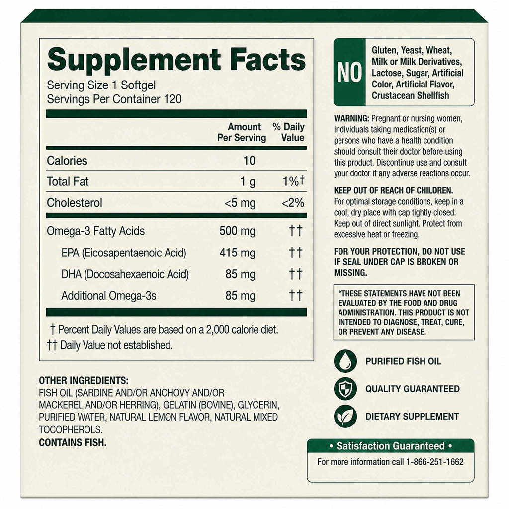 Omega-3 Fish Oil 500 mg 120 Count SoftGels Dietary Supplement O812