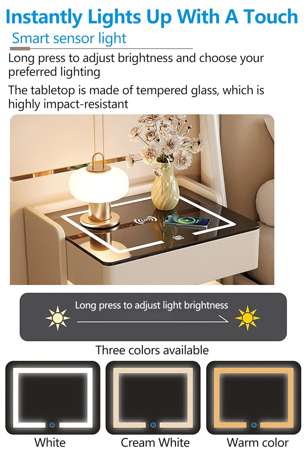 Smart Nightstand with 2 Storage Drawer, Wireless Charging Station, 3-Color Adjustable LED Light, Solid Wood Side Table R2279