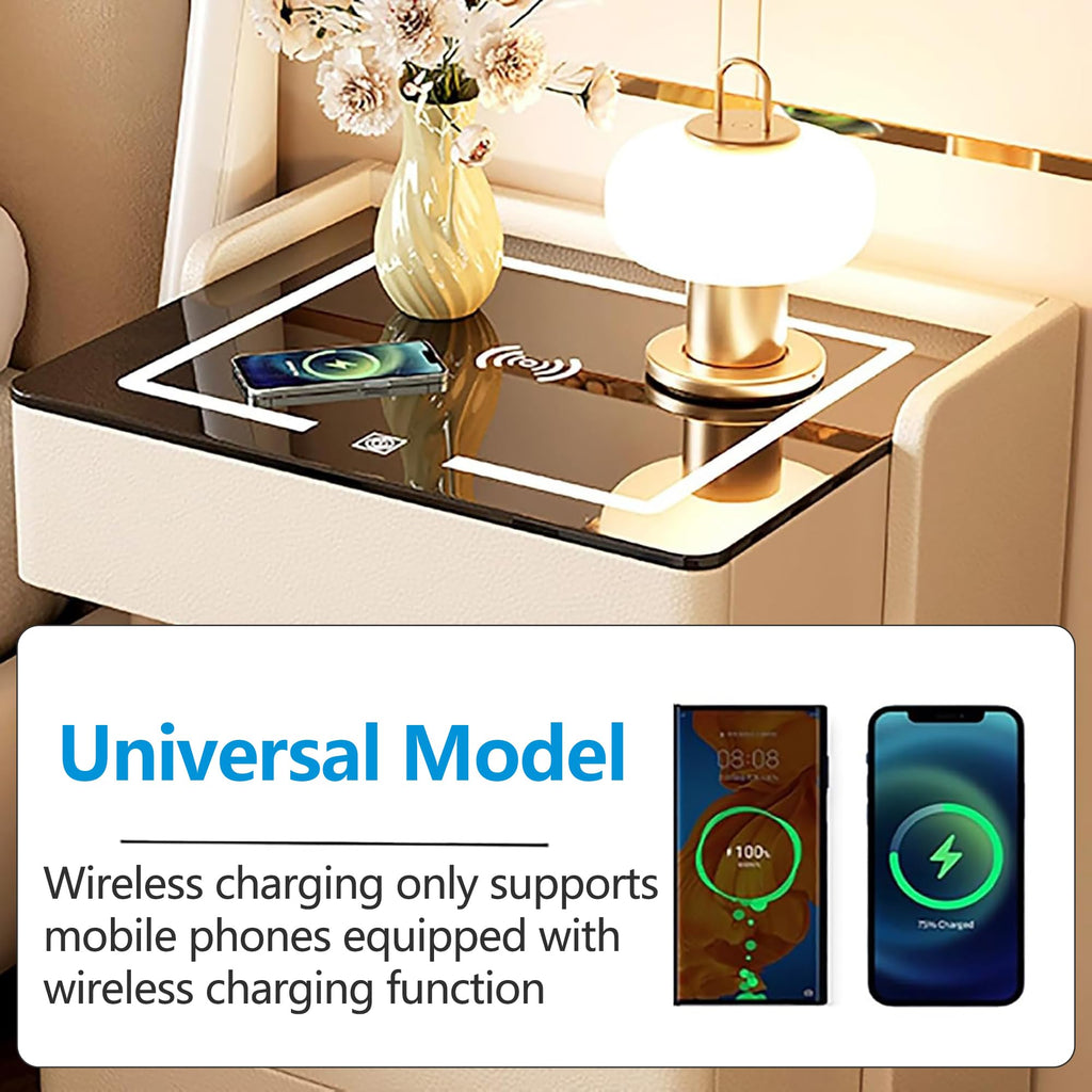 Smart Nightstand with 2 Storage Drawer, Wireless Charging Station, 3-Color Adjustable LED Light, Solid Wood Side Table R2279