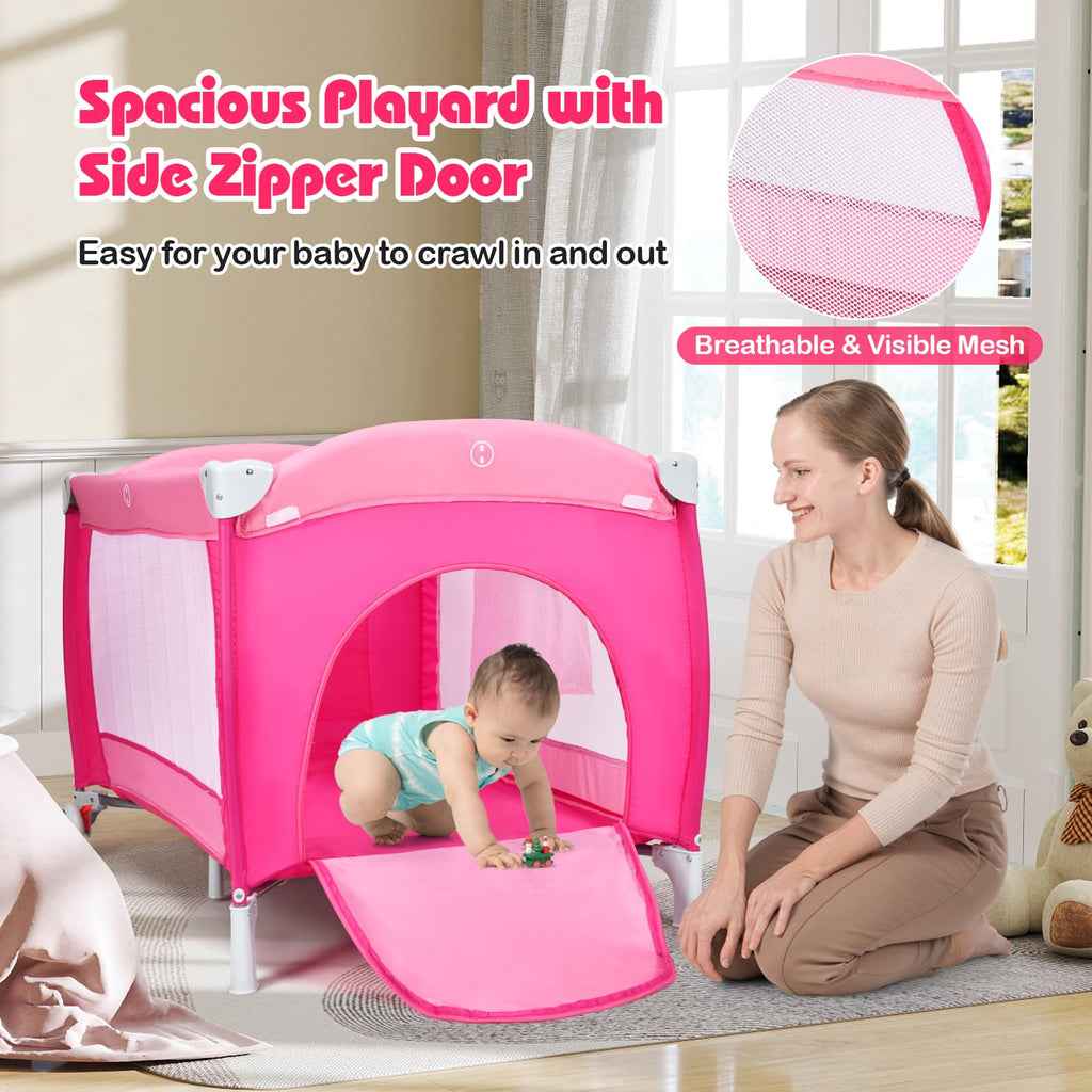 4 in 1 Pack and Play Portable Baby Bassinet Playpen with Diaper Changer Mattress Canopy Storage Rack Toy Bar Music Box Foldable Travel Playard Pink P136665