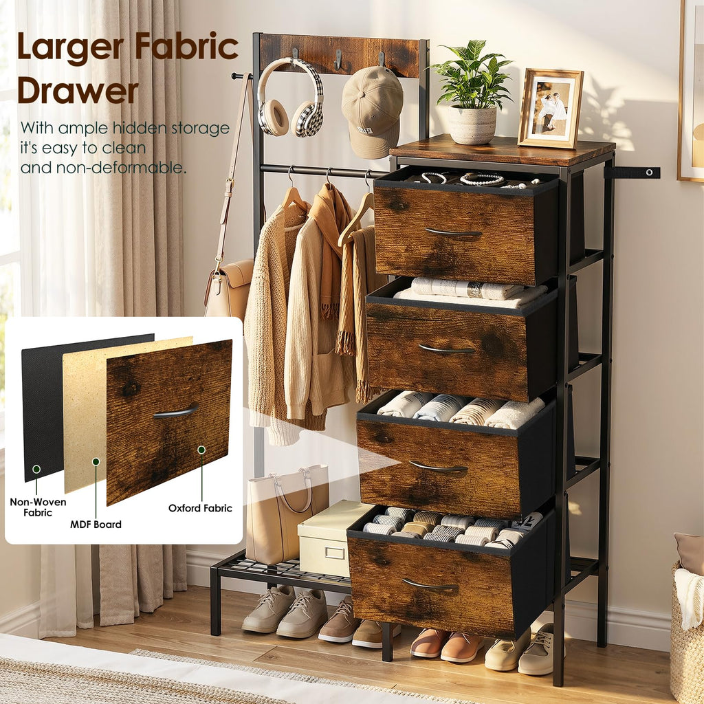 Brown Wood Dresser with Hanging Rack and Storage Drawers D88239