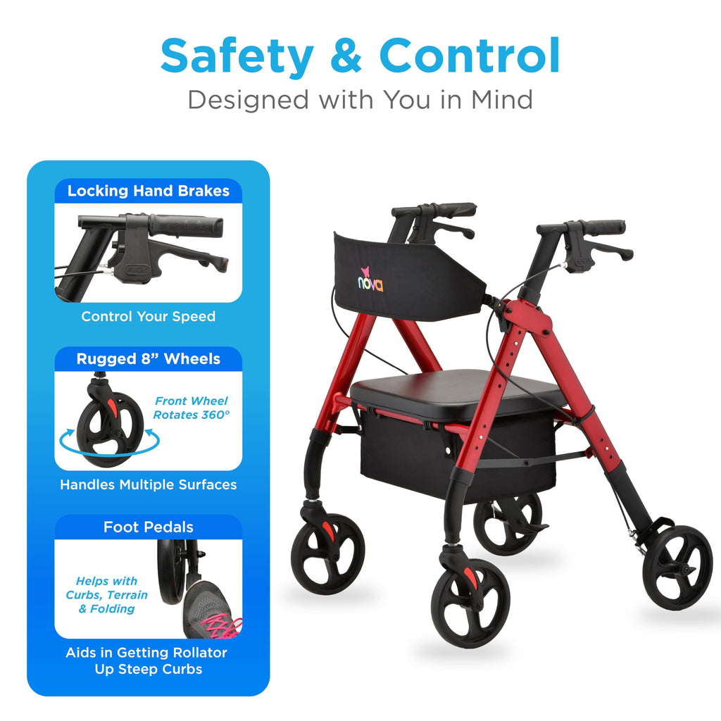 Foldable Rollator Walker with Seat, 400 lb Weight Capacity, 8” All-Terrain Wheels, Red C885
