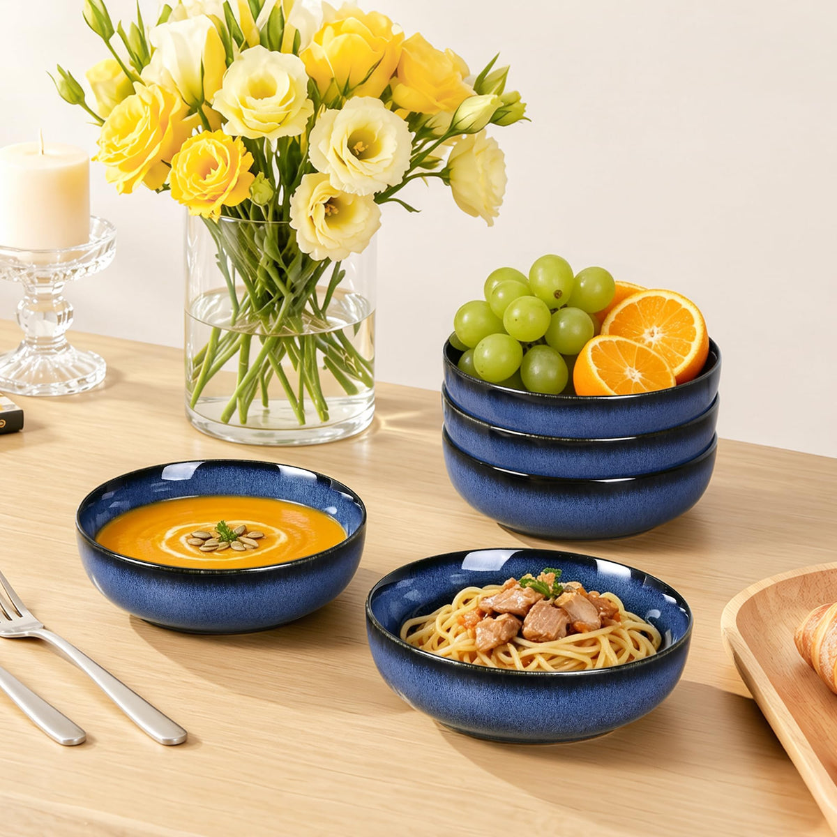 Blue Porcelain Pasta Bowls Set for 4 Y336360