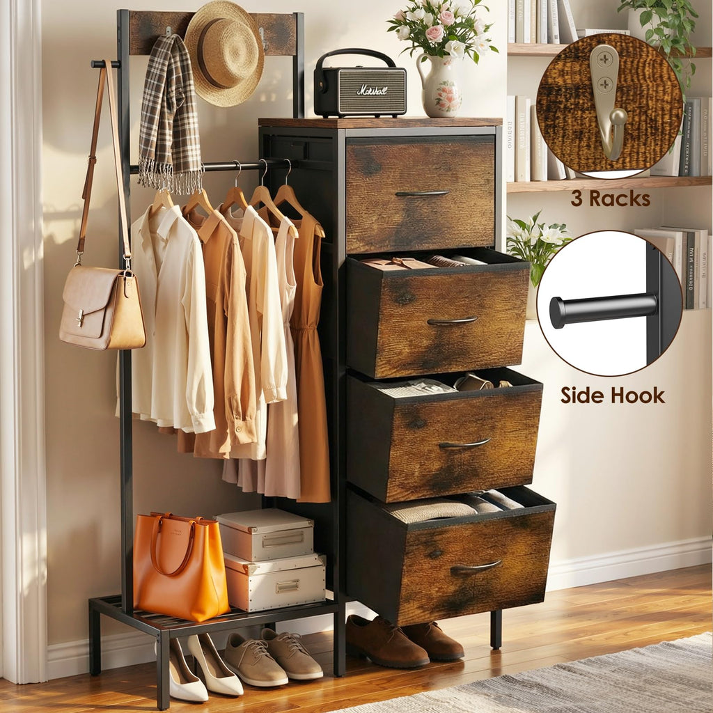 Brown Wood Dresser with Hanging Rack and Storage Drawers D88239