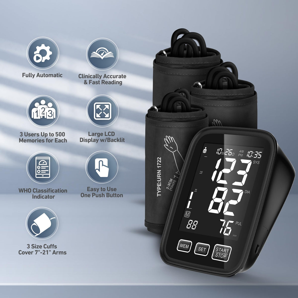 Blood Pressure Machine with 3 Size Cuffs and Backlit Display M603